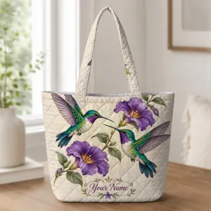 Hummingbird Pair Among Violet Blooms for Nature-Loving Gardeners and Birdwatchers Gift Quilted Tote Bag