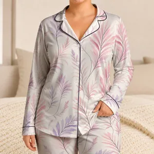 Airy Blush Feather Fronds Resort Nights for Women, Calm Evenings and Travel Ease Satin Pajamas Set