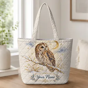 Owl Crescent Moon and Stars for Cozy Christmas Nights and Winter Gift Giving Women Quilted Tote Bag