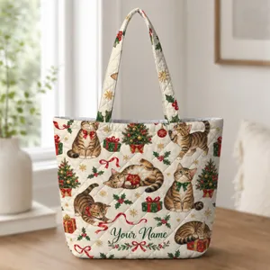 Christmas Cats with Wrapped Gifts for Cozy Holiday Celebrations and Winter Giving Quilted Tote Bag