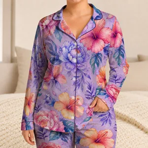 Lilac Watercolor Florals for Cozy Summer Evenings, Relaxed Home Style for Women Satin Pajamas Set
