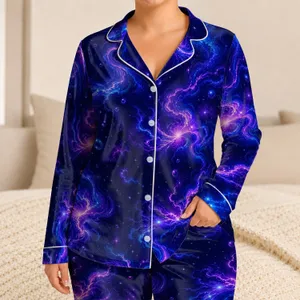 Midnight Indigo Aurora Ribbons For Summer Lounge Nights And Vacation Wear At Home Satin Pajamas Set