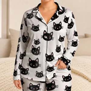 Blush Pink Cat Head Motif For Cozy Daily Home Lounging, Cute Gift For Cat Lovers Satin Pajamas Set