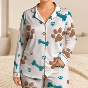 Light Blue Paw And Bone Motif Gift For Summer Nights, Dog Lovers And Pet Fans At Home Satin Pajamas Set