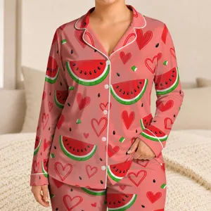 Watermelon Hearts Coral Pink Cozy Summer Sleepovers, Gifts for Women and Teens Year Round Satin Pajamas Set