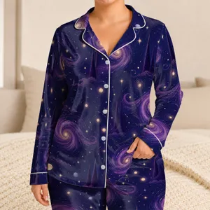 Midnight Indigo Violet Celestial Swirl For Cozy Nights, Travel, And Relaxed Days Satin Pajamas Set