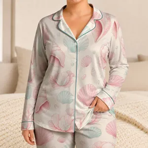 Pastel Shell Motifs Resort Lounge Sleepwear For Women, Coastal Vacation Nights At Home Satin Pajamas Set