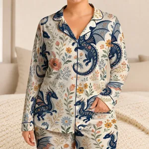 Nordic Dragon Meadow Motif Cozy Holiday Gift For Women With Folk Art Charm At Home Satin Pajamas Set