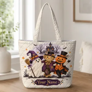 Halloween Ghost Witch, Pumpkin Scarecrow And Haunted House For Autumn Gatherings Quilted Tote Bag