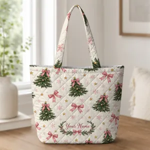 Pink Bow Christmas Trees and Snowflakes for Cozy Holiday Gifting and Winter Celebrations Quilted Tote Bag