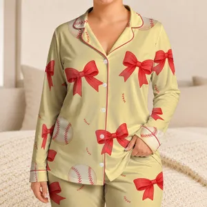 Buttercream Baseball Bow Sleepwear for Cozy Summer Nights and Giftable Lounging for Women Satin Pajamas Set