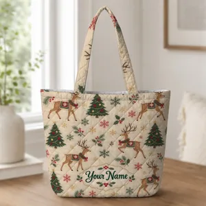 Christmas Reindeer, Evergreen Trees and Snowflakes for Cozy Holiday Celebrations Quilted Tote Bag