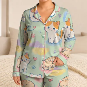 Pastel Cat Motifs for Cozy Summer Lounge Nights, Cute Gift for Women and Teens at Home Satin Pajamas Set