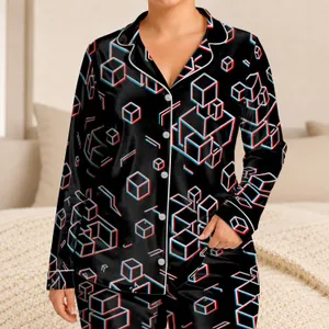 Black Geometric Cube Streetwear Lounge Style for Retro Fans and Casual Days At Home Satin Pajamas Set