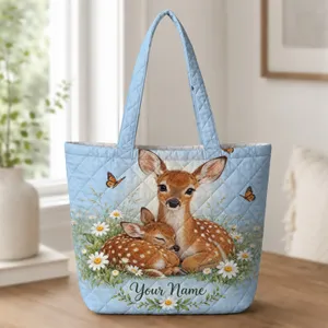 Daisy Meadow Fawn Pair for Spring Outings and Nature-Loving Women and Deer Lovers Quilted Tote Bag