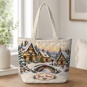 Snowy Christmas Village Cottages and Snowman for Cozy Holiday Season Gift Giving Quilted Tote Bag