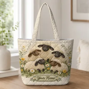 Five Fuzzy Sheep in a Wildflower Meadow for Cozy Farmhouse Country Living Gifts Quilted Tote Bag