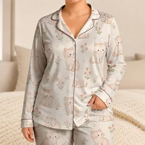 Sweet Ivory Kittens With Pink Blooms For Cozy Nights, Gift Giving, And Calm Days Satin Pajamas Set