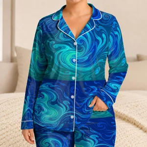 Ocean Blue Ripple Lounge for Coastal Nights, Vacation Rest, and Home Comfort for Women Satin Pajamas Set