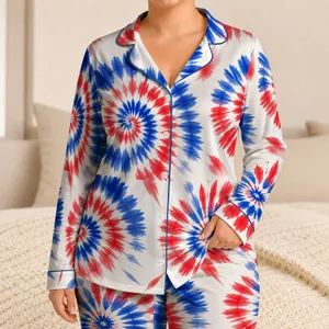 Red White And Blue Tie Dye Lounge Wear For Summer Holidays And Fourth Of July Gift Satin Pajamas Set