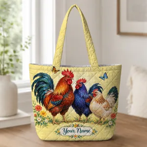 Colorful Rooster Family Garden Scene for Farmhouse Living and Chicken Lover Gifts Quilted Tote Bag