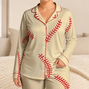 Buttercream Baseball Stitch Motif Sleepwear for Summer Lounging, Youthful Gift Idea Satin Pajamas Set