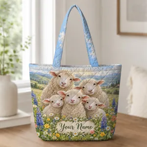 Sheep Family and Wildflower Meadow for Farm Days and Spring Gifts Quilted Tote Bag