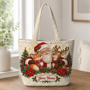 Santa, Fox and Reindeer Christmas Holiday Gift for Women and Festive Winter Shopping Quilted Tote Bag