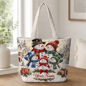 Snowman Family Christmas Village Scene for Festive Winter Gift Giving Quilted Tote Bag