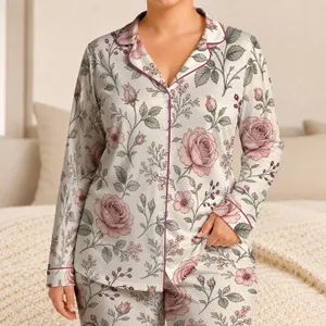 Vintage Blush Rose Floral Comfort Style for Cozy Evenings, Women's Chic Gift Idea Satin Pajamas Set