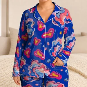 Cobalt Blue Abstract Brush Shapes For Home Relaxation And Weekend Lounging For Women Satin Pajamas Set