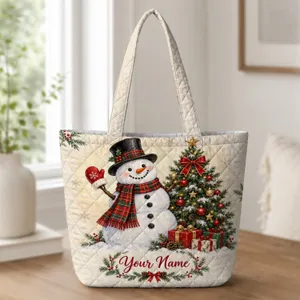 Snowman and Christmas Tree Holiday Cheer for Cozy Winter Gift Giving Quilted Tote Bag