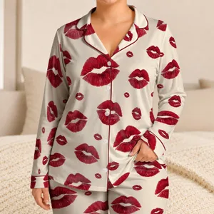 Soft Deep Red Lipstick Marks Romantic Bedtime Comfort Gift for Women, Everyday Home Satin Pajamas Set