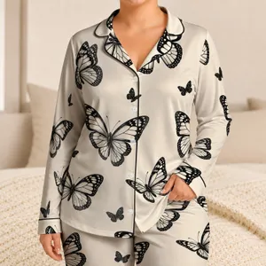 Black Butterfly Ivory Botanical Nature Lover Lounge Gift for Women and Adults Daily Satin Pajamas Set