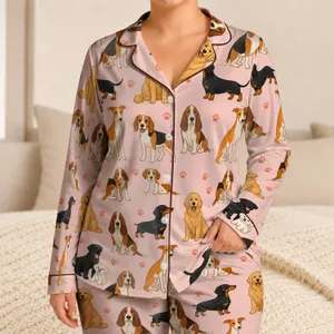 Cute Dog Portraits Blush Pink Bedtime Comfort for Women, Pet Lover Gift, All Seasons Satin Pajamas Set