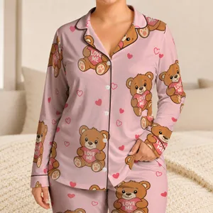 Cute Teddy Bear Love Heart Blush Pink Cozy Valentine's Day Gift for Couples at Home Satin Pajamas Set