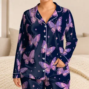 Lavender Butterfly And Blush Sparkle Motifs For Dreamy Bedtime Lounging Women At Home Satin Pajamas Set