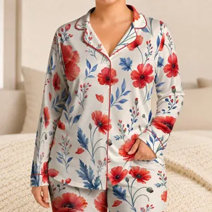 Red Poppy Floral V-Neck Lace Set for Elegant Lounging and Relaxed Weekend Mornings Satin Pajamas Set