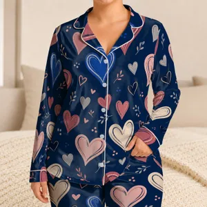 Navy Blue Heart Motif Cozy Valentine's Day Loungewear Gift for Romantic Women and Couples Satin Pajamas Set