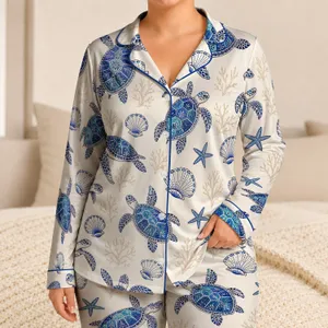 Blue Sea Turtle Starfish Coastal Ocean Motif Lounge Set For Beach Lovers And Families Satin Pajamas Set