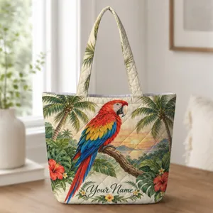 Colorful Scarlet Macaw in Tropical Jungle at Sunset for Bird Lovers and Nature Gifts Quilted Tote Bag