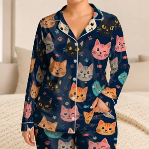 Cute Cat Faces Midnight Navy Sleepwear for Cozy Lounging and Relaxing, Women's Gift Satin Pajamas Set