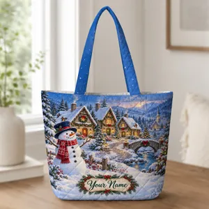 Snowman and Snowy Christmas Village for Cozy Winter Holiday Giving Quilted Tote Bag