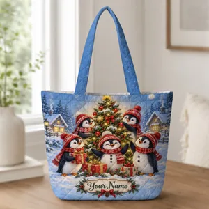 Penguin Snowmen and Christmas Tree for Festive Winter Holiday Cheer for Penguin Lovers Quilted Tote Bag
