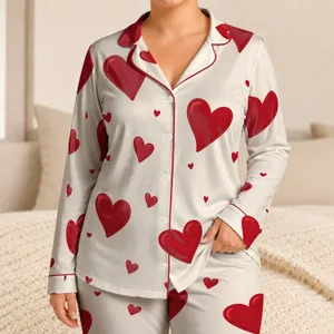 Red Heart Lounge Set for Romantic Valentine's Day Gifts, Soft Women's Summer Wear Satin Pajamas Set