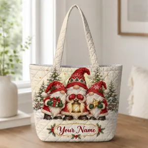 Three Christmas Gnomes with Lanterns for Cozy Holiday Cheer and Winter Gift Giving Quilted Tote Bag