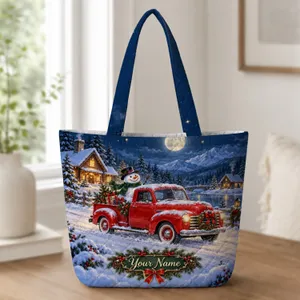 Red Christmas Truck and Snowman Winter Village Holiday Keepsake for Snowman Lovers Quilted Tote Bag
