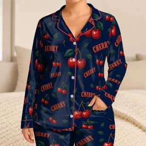 Cherry And CHERRY Lettering Loungewear For Cozy Spring Summer Evenings At Home Relaxation Satin Pajamas Set