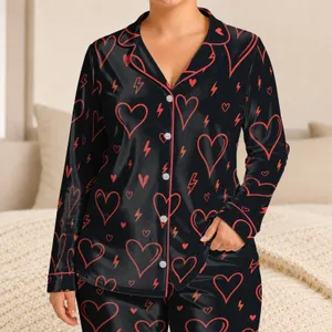 Coral Heart Lightning Bolt Lounge Set for Romantic Evenings, Cozy Nights, Women’s Gift Satin Pajamas Set
