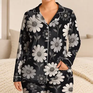 Monochrome Wild Daisy Botanical Motif For Cozy Lounging At Home And Flower Lovers Satin Pajamas Set